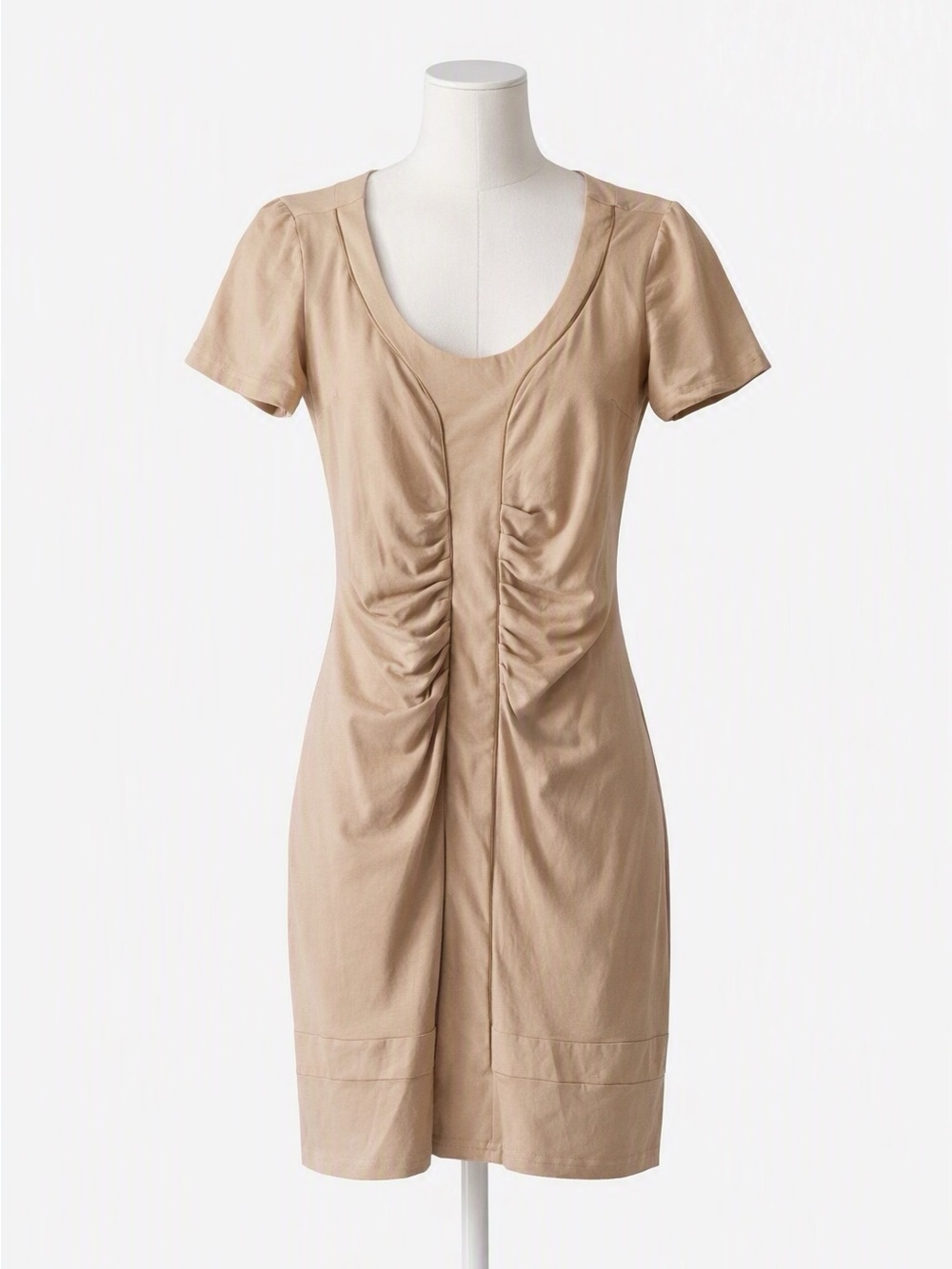 NWT Appleline Tan Turkish Short Sleeve Ruched Mini Elbise Dress Size 42